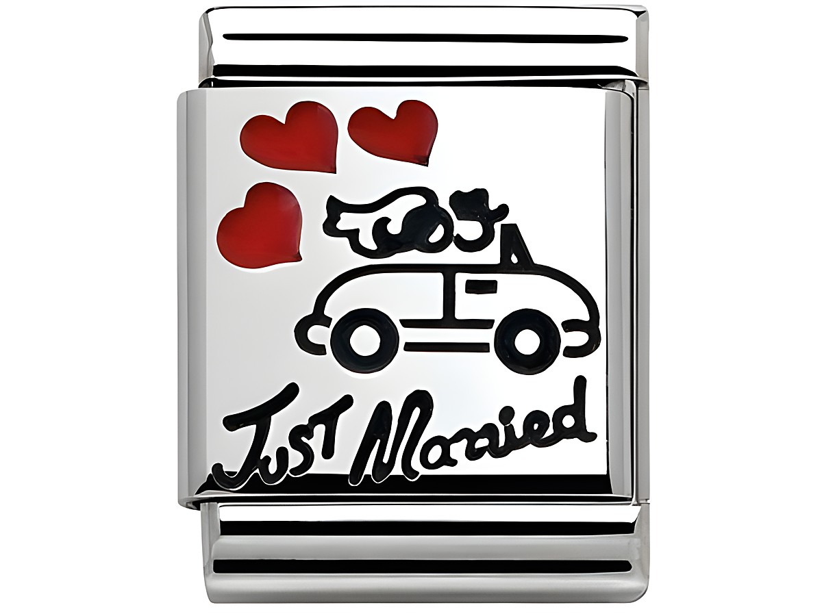 BIG SilverShine 332203 06 Just Married Plättchen Emaille zeigt ein Auto mit zwei Herzen und dem Schriftzug Just Married in edlem Silber, ideal für Brautpaare.