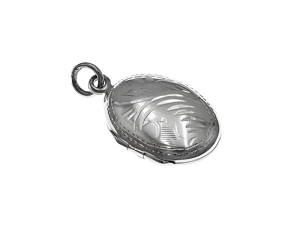 Silber Medaillon oval gewölbt mit Ranken Muster, Hersteller Juwelier Harnisch, dekoratives Design, Schmuckstück für besondere Anlässe, elegant und zeitlos.