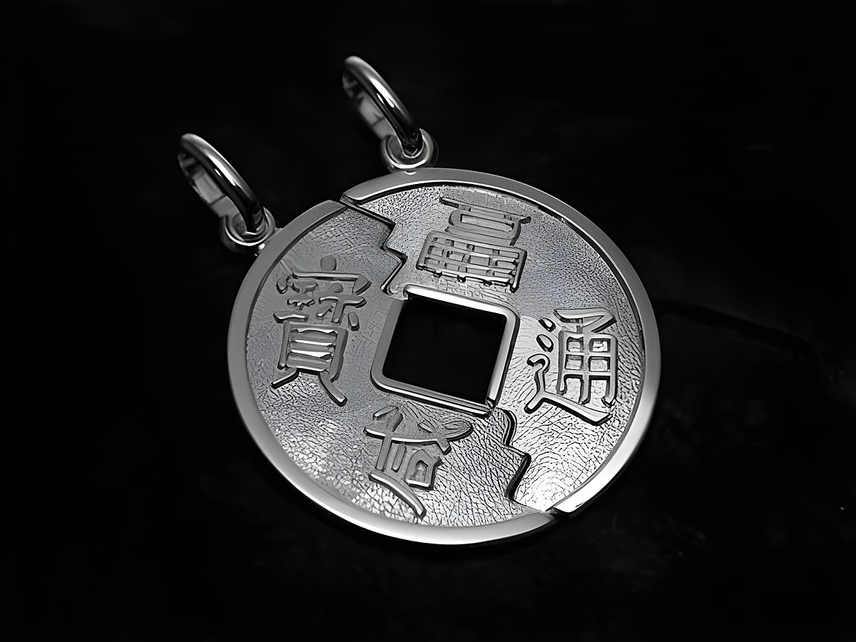 Partneranhänger aus Sterling Silber in Form einer chinesischen Münze mit eingravierten Zeichen, gefertigt von Juwelier Harnisch, ideal für Partner und Liebende.