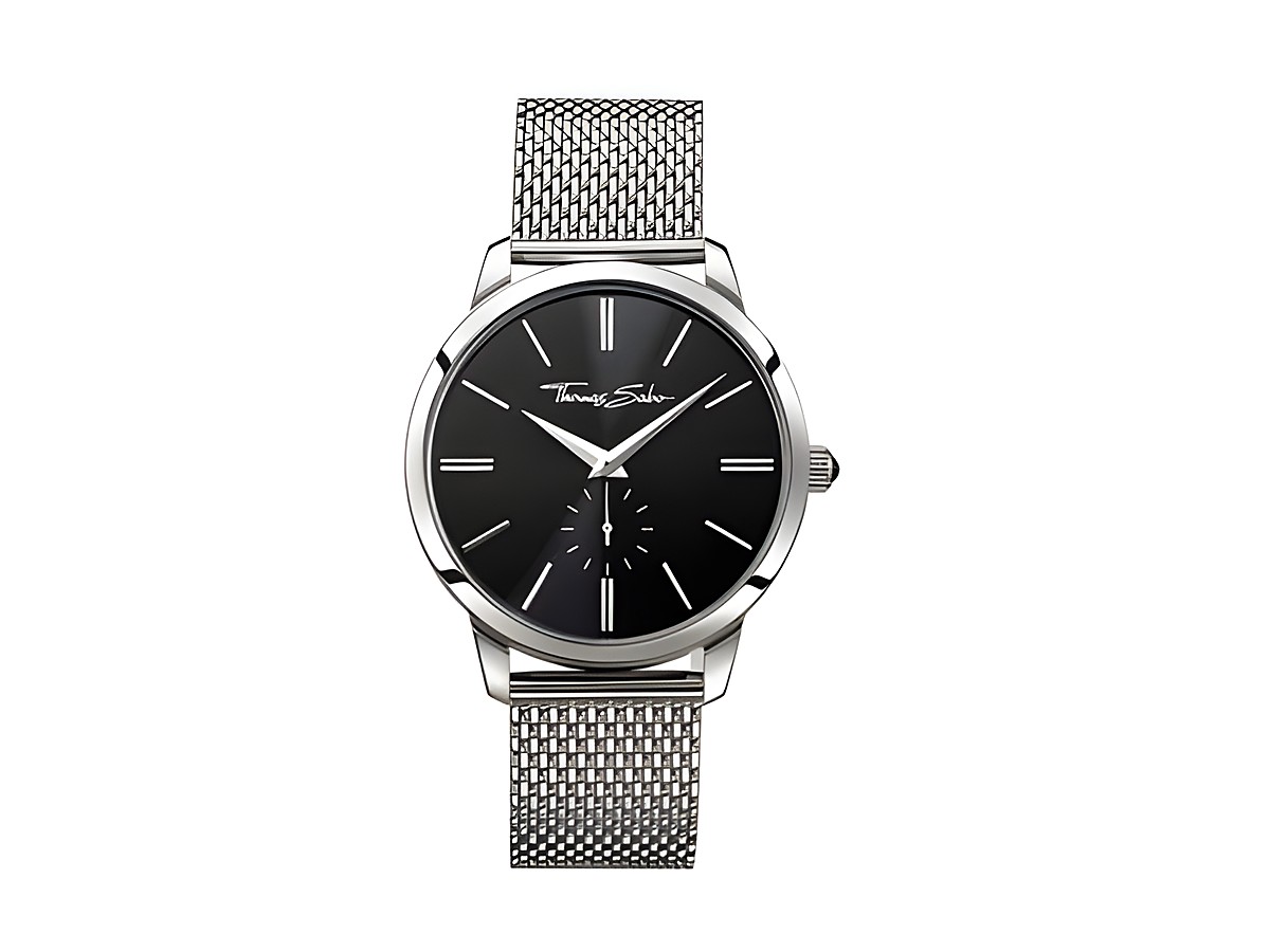 Elegante Thomas Sabo Herrenuhr WA0152-201-203 mit schwarzem Zifferblatt, silbernem Gehäuse und feinem Mesh-Armband für stilbewusste Männer. Ideal für jeden Anlass.