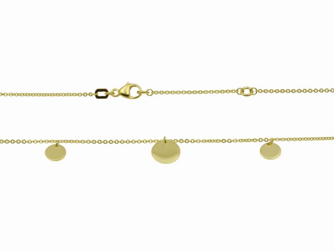 Kette Plättchentrio in Silber und Gelbgold vergoldet mit einer Länge von 42 cm und 45 cm, hergestellt von Juwelier Harnisch, zeigt ein elegantes Design mit mehreren Plättchen.