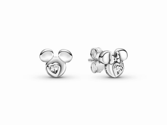 Pandora Ohrringe 299258C01 mit Disney Micky Maus und Minnie Motiven aus Sterling Silber, verziert mit Zirkonia, charmante geschlossene Ohrstecker im stilvollen Design.