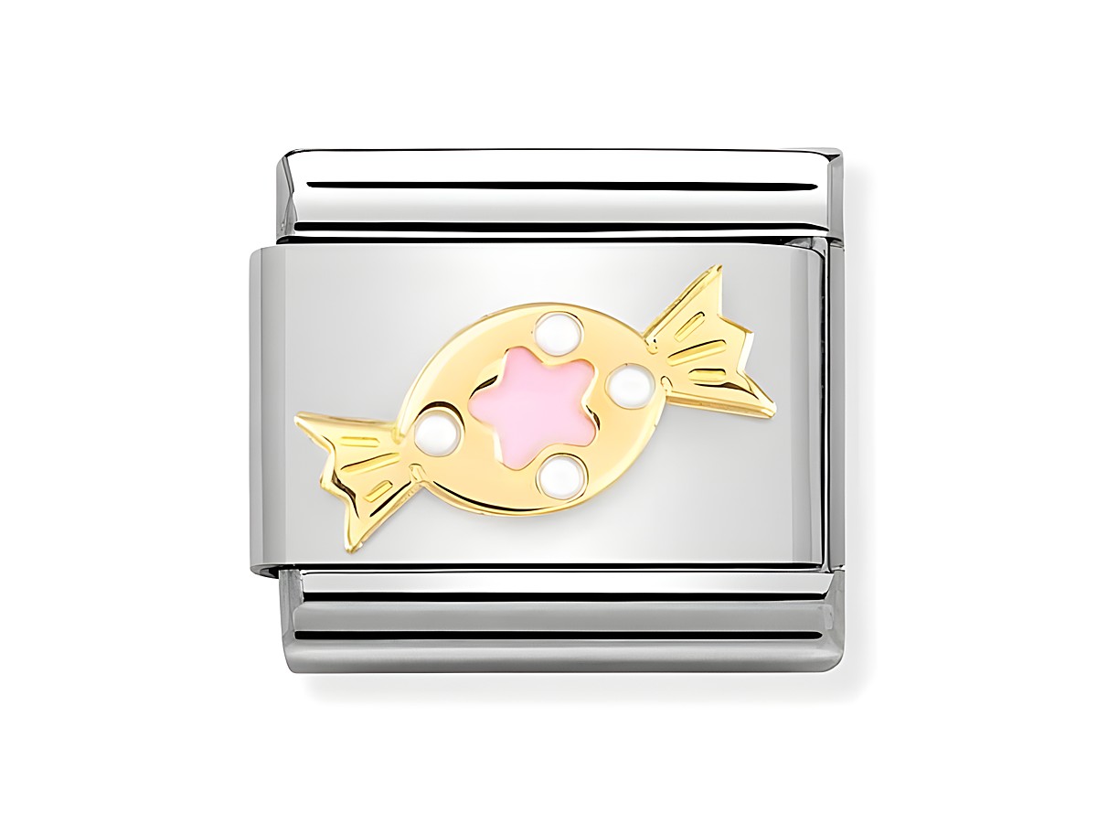 Nomination 030272 72 Classic Bonbon Rosa Edelstahl Gold 750 zeigt einen silbernen Anhänger mit einem bunten Bonbonmotiv in Rosa und Gold, emailliert und elegant gestaltet.