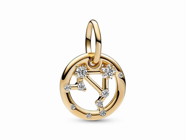 Charm-Anhänger von Pandora in Gelbgold Vergoldung, dargestellt ist das Sternzeichen Waage mit funkelnden Zirkonia, ideal für Schmuckliebhaber und Sternzeichen-Fans.