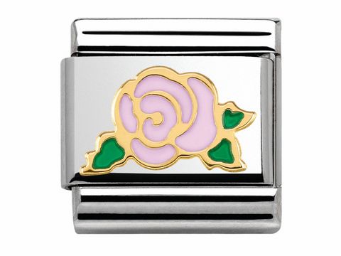 Ein elegantes Schmuckstück von Nomination, Modell MADAME ET MONSIEUR, zeigt eine rosafarbene Rose aus Emaille auf einem silbernen Hintergrund mit goldenen Akzenten.