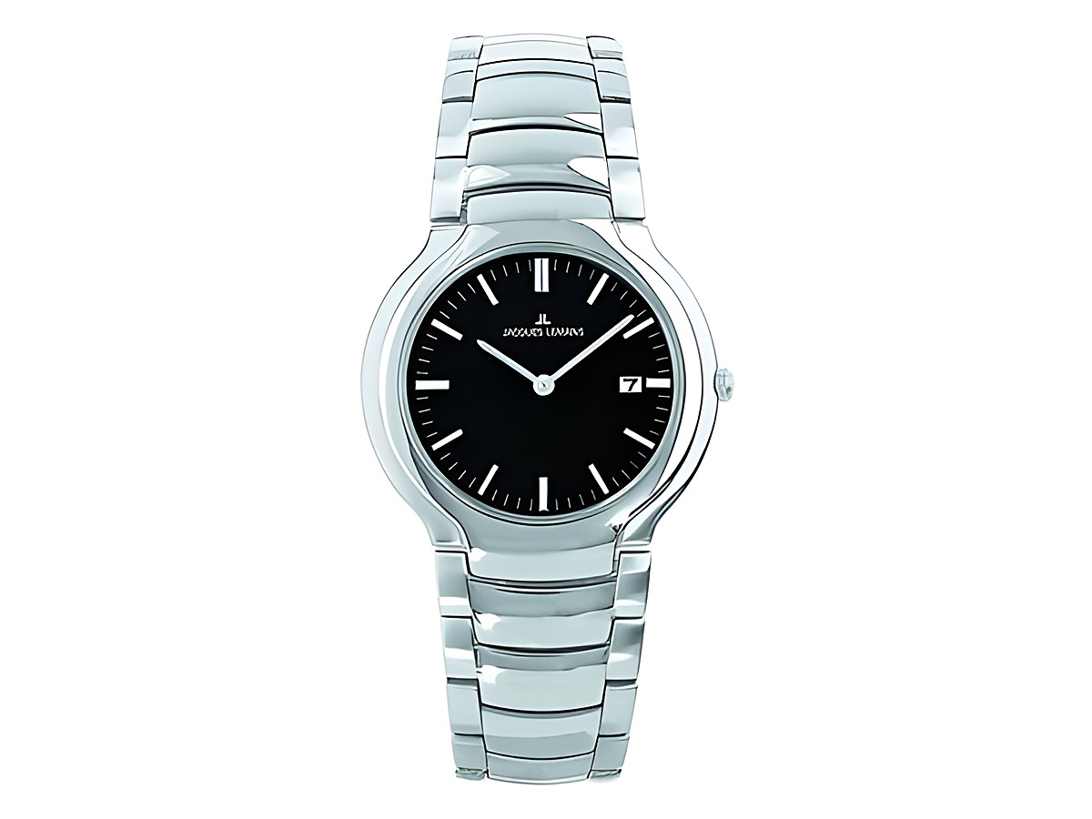 Jacques Lemans Vienna 1-989A Armbanduhr 28 mm mit schwarzem Ziffernblatt und Datumsanzeige, silbernes Edelstahlarmband, elegant und zeitlos im Design.