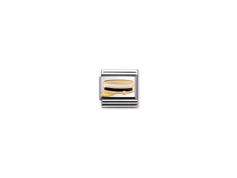 Ein Emaillierter Abiturhut in Gelb und Schwarz, umgeben von einem silbernen Rahmen. Der Hut symbolisiert den Abschluss und zeigt das Design der NOMINATION Classic DAILY Kollektion für Finnland.