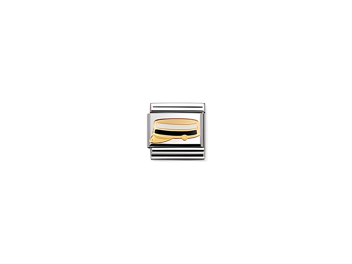 Ein Emaillierter Abiturhut in Gelb und Schwarz, umgeben von einem silbernen Rahmen. Der Hut symbolisiert den Abschluss und zeigt das Design der NOMINATION Classic DAILY Kollektion für Finnland.