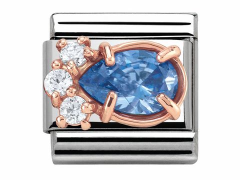 Classic Roségold Charm mit blauen Tropfen-Zirkonia und weißen Zirkonia-Steinen, hergestellt von Nomination, für stilvolle Armbänder und Accessoires.