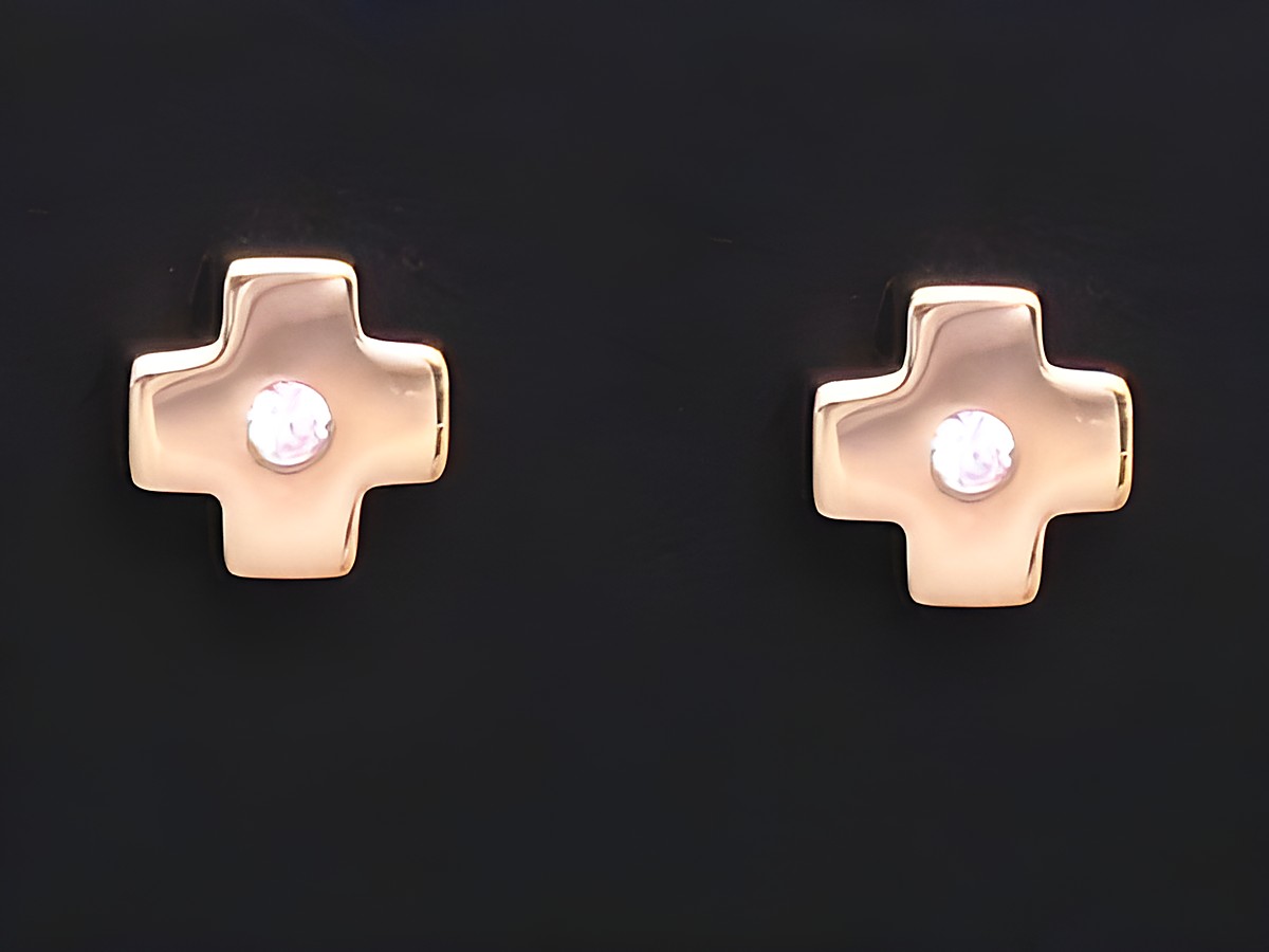 Gold Ohrringe in Kreuzform mit Zirkonia, Hersteller Juwelier Harnisch, elegantes Design für jeden Anlass, zeitlos und hochwertig, strahlende Akzente durch die Zirkonia.
