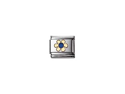 Classic Blume ohne Stiel in BLAU mit emaillierter Blütenform, umgeben von einer goldfarbenen Kontur, auf einem silbernen Hintergrund, ideal für Armbänder von Nomination.