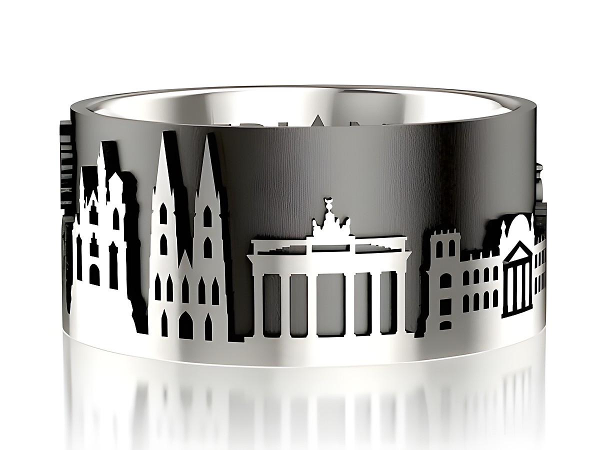 Ring aus 925 Sterling Silber, geschwärzt, mit filigranem Stadtmotiv deutscher Landmarken, 10 mm breit, Größe 64, vom Juwelier Harnisch.