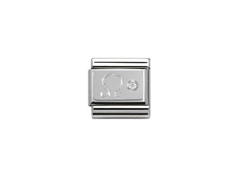 Zirkonia Schmuckelement von Nomination mit dem Symbol des Sternzeichens Löwe in Silber. Ideal für die individuelle Gestaltung von Armbändern und als Geschenk für Löwe-Geborene.