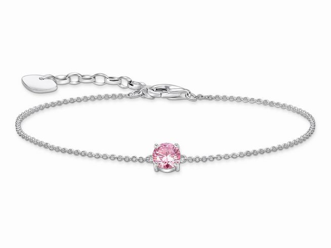 Silbernes Armband von Thomas Sabo mit einem großen rosa Zirkonia in der Mitte, ideal für Größen von 16 bis 19 cm, mit feiner Kette und Verlängerung.