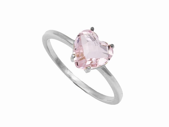 Ring mit einem herzförmigen, rosa Glasstein aus Sterling Silber, rhodiniert, Gr. 58, Hersteller Juwelier Harnisch, elegantes Design bis Größe 58 / 18,4.