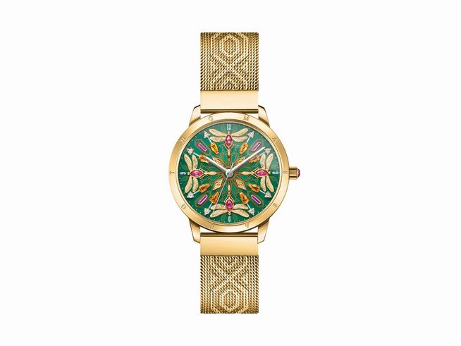 Thomas Sabo Damenuhr WA0369-264-211 33 mm im Libellendesign mit grünem Ziffernblatt und goldfarbenem Mesh-Armband, farbenfrohe Details und elegantes Design für stilvolle Frauen.