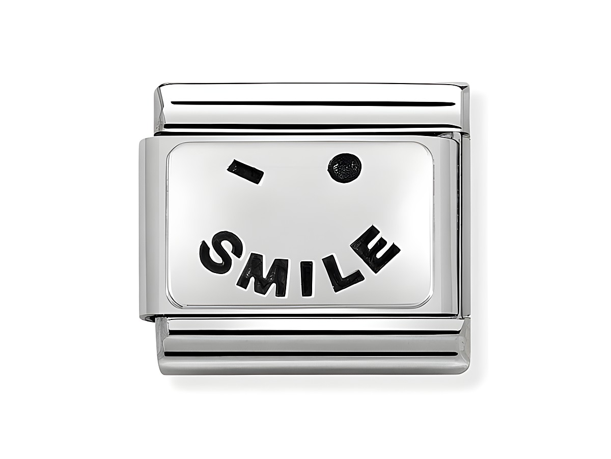 Eine oxidierte Plakette aus Edelstahl und Sterling Silber mit der Aufschrift I SMILE und einem lächelnden Gesicht. Sie gehört zur Kollektion von Nomination und zeigt fröhliche Motive.