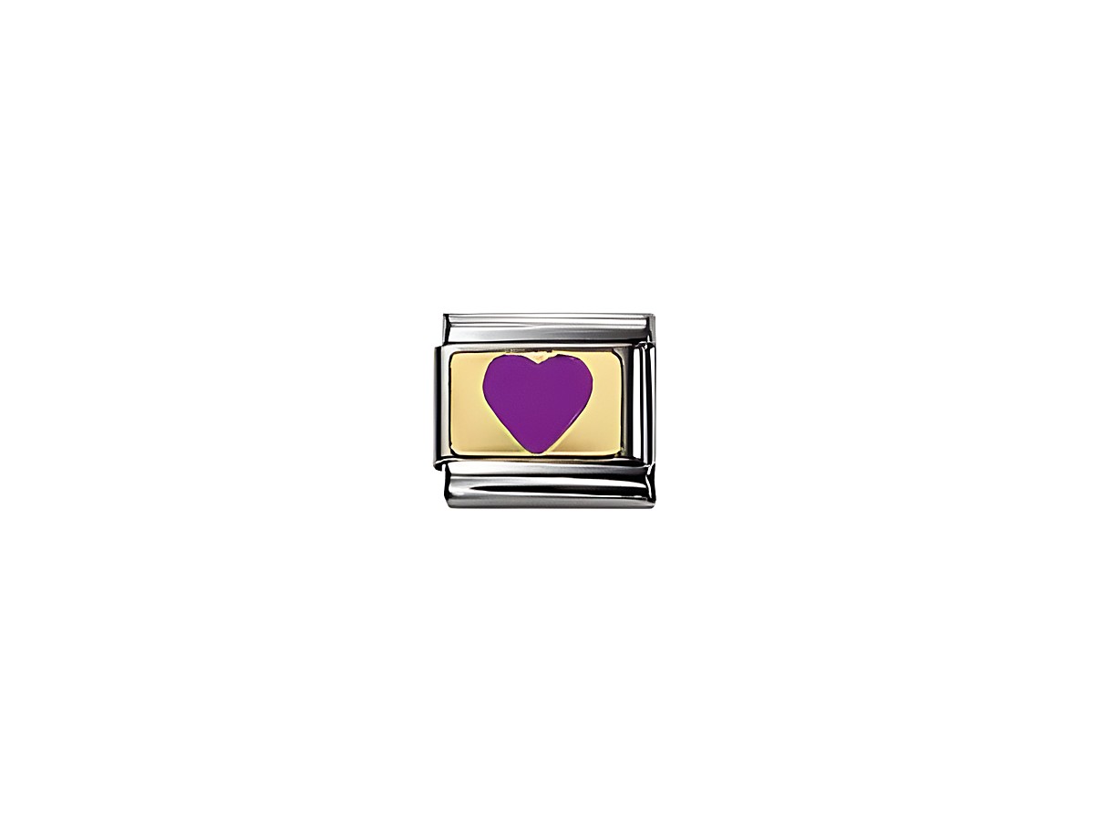 Nomination Classic LOVE emaillierter Charm mit violettem Herz auf goldenem Hintergrund, hergestellt von Nomination, ideal für charmante Armbänder.