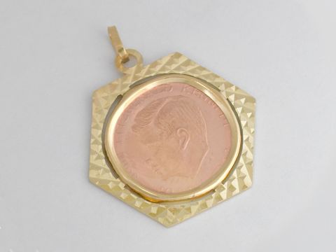 Medaille John F. Kennedy als Gold Kupfer Anhänger mit diamantierter Oberfläche, Gold 333, gefertigt von Juwelier Harnisch, einzigartiges Schmuckstück für Sammler und Liebhaber.