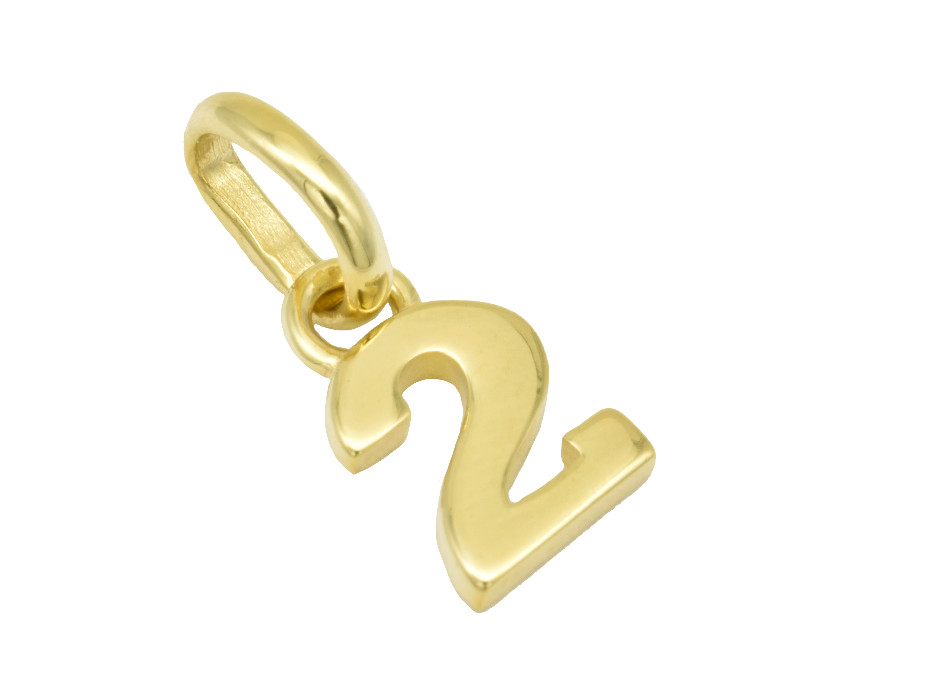 Silber Anhänger Zahl 2 aus poliertem Sterling Silber mit Gelbgold Vergoldung, symbolisiert die Glückszahl und stammt vom Hersteller Juwelier Harnisch.