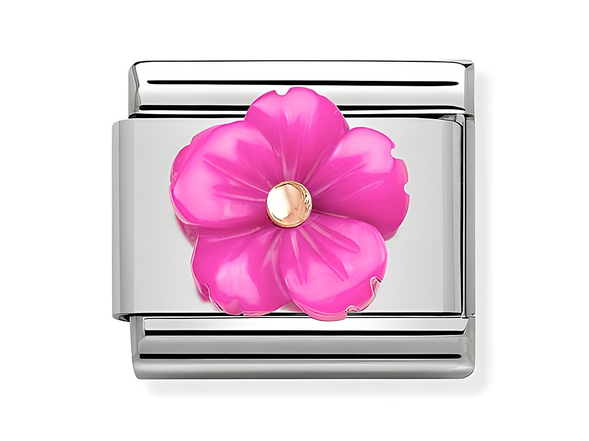 Perlmutt-Blüte in Fuchsia von Nomination Classic Roségold 430510 08, glänzende Blumenapplikation mit goldfarbenem Stein, ideal für modische Akzente.
