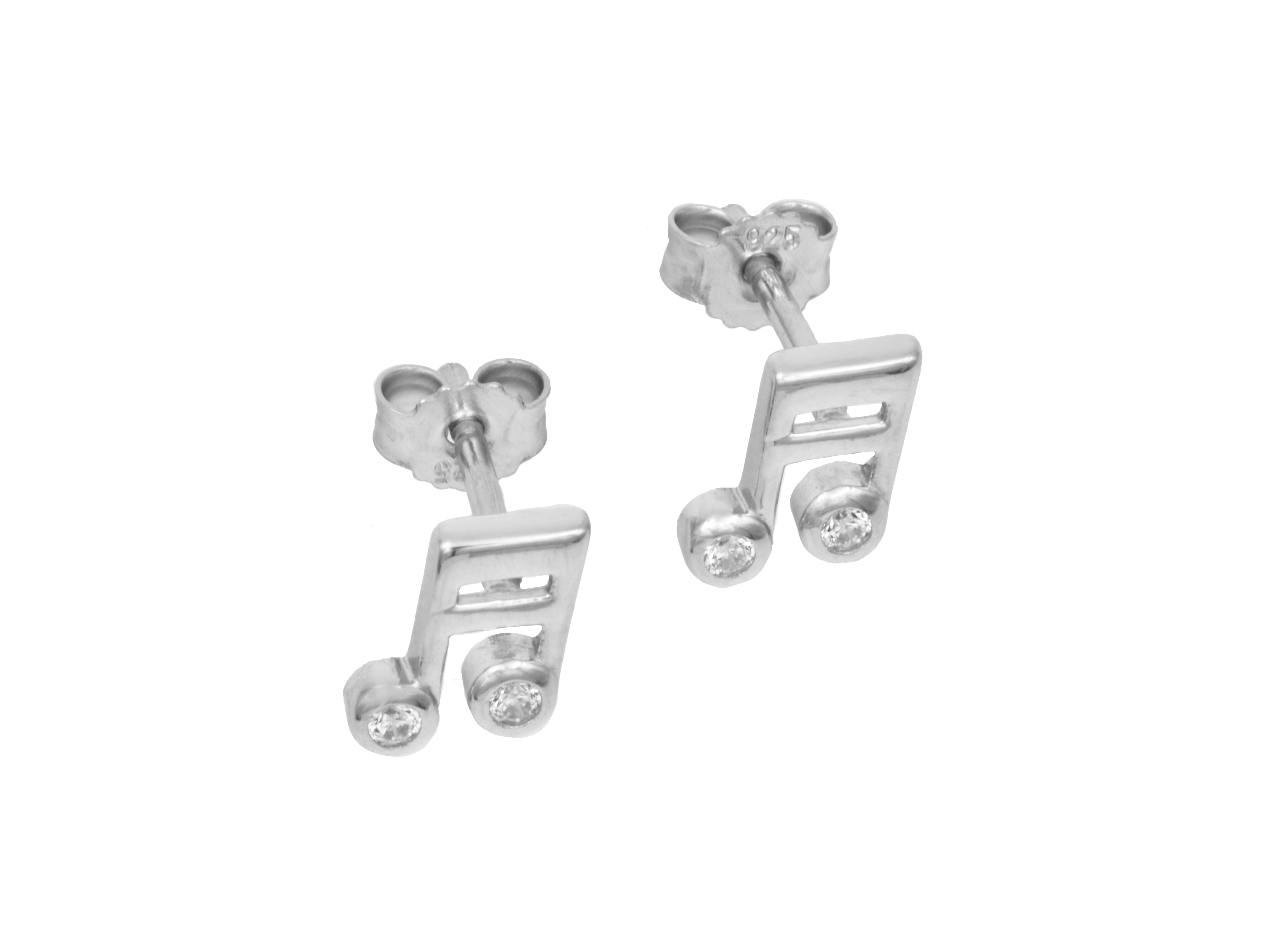 Ohrringe in Form von Musiknoten aus rhodiniertem Sterling Silber mit Zirkonia, Hersteller Juwelier Harnisch, neu im Sortiment. Elegant und ideal für Musikliebhaber.