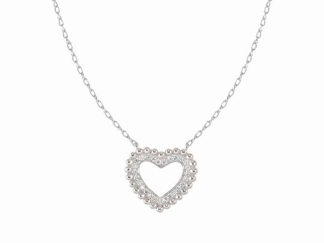 Eine elegante Kette aus rhodiniertem Sterling Silber mit einem herzförmigen Anhänger, der von kleinen Perlen und funkelnden Elementen umgeben ist, Länge 40-46 cm.