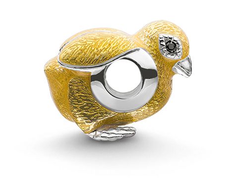 Eine achteckige Küken-Karma-Bead aus Silber mit gelber Emaille und einem Zirkonia-Stein in gelb, hergestellt von Thomas Sabo, zeigt ein detailliertes, niedliches Küken-Design.