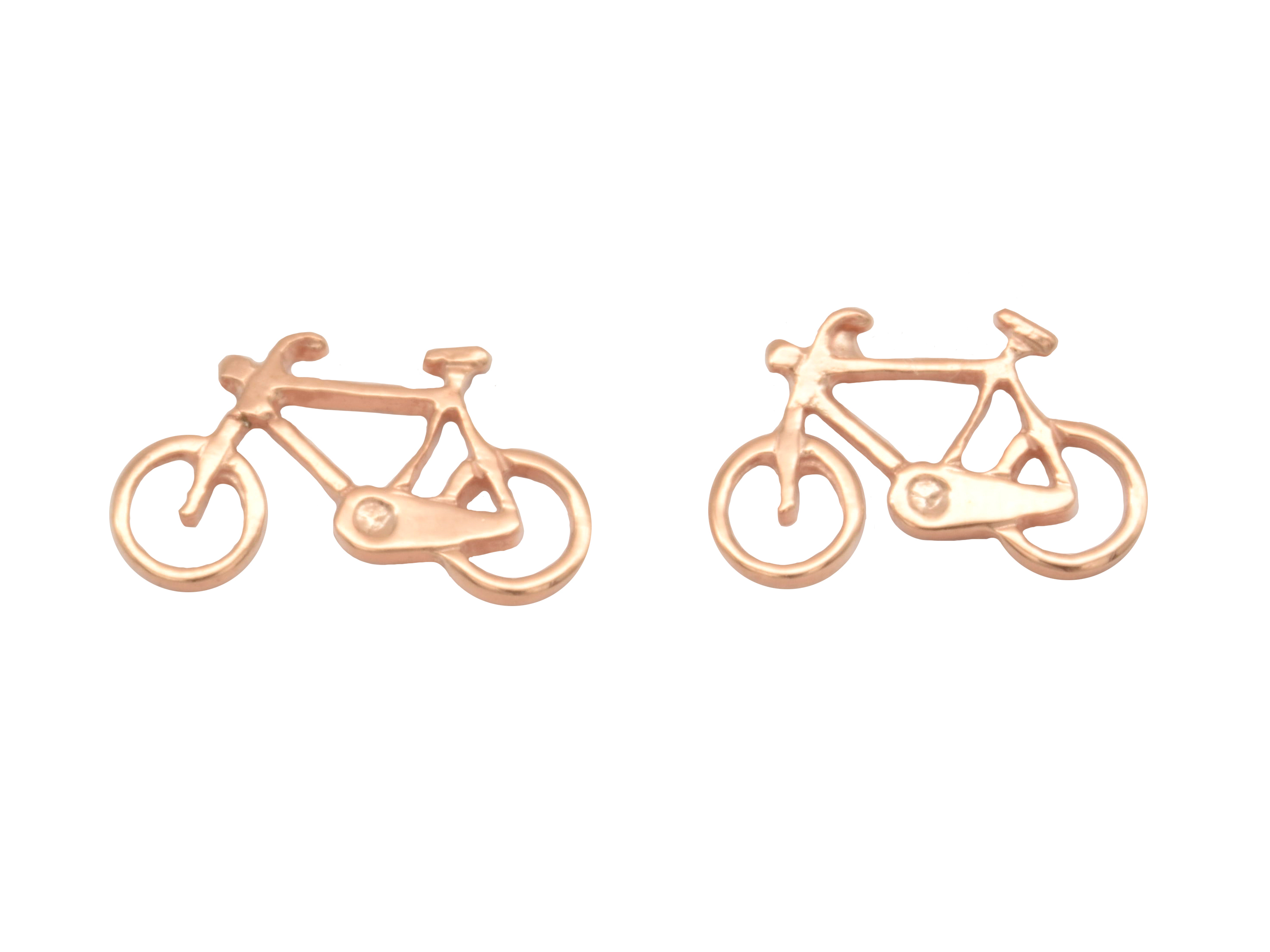 Silber Ohrringe Ohrstecker in Form eines Fahrrads aus vergoldetem Sterlingsilber, poliert, erstellt von Juwelier Harnisch in Roségold auf Silber.