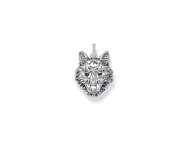 Thomas Sabo PE965-691-21 Anhänger in Silber mit einer detaillierten Wolfskopf-Design, verziert mit Emaille und Zirkonia, ideal für eine stilvolle Ergänzung.