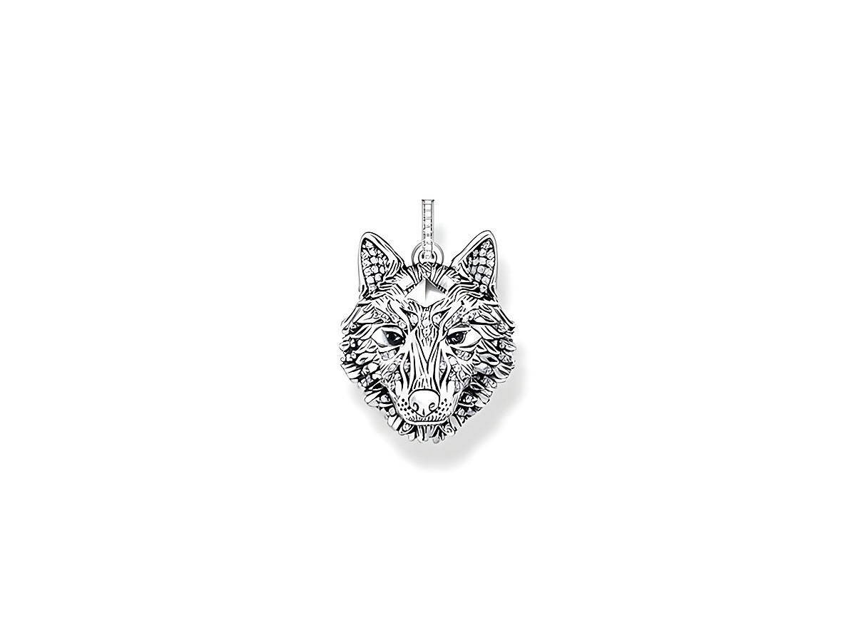 Thomas Sabo PE965-691-21 Anhänger in Silber mit einer detaillierten Wolfskopf-Design, verziert mit Emaille und Zirkonia, ideal für eine stilvolle Ergänzung.