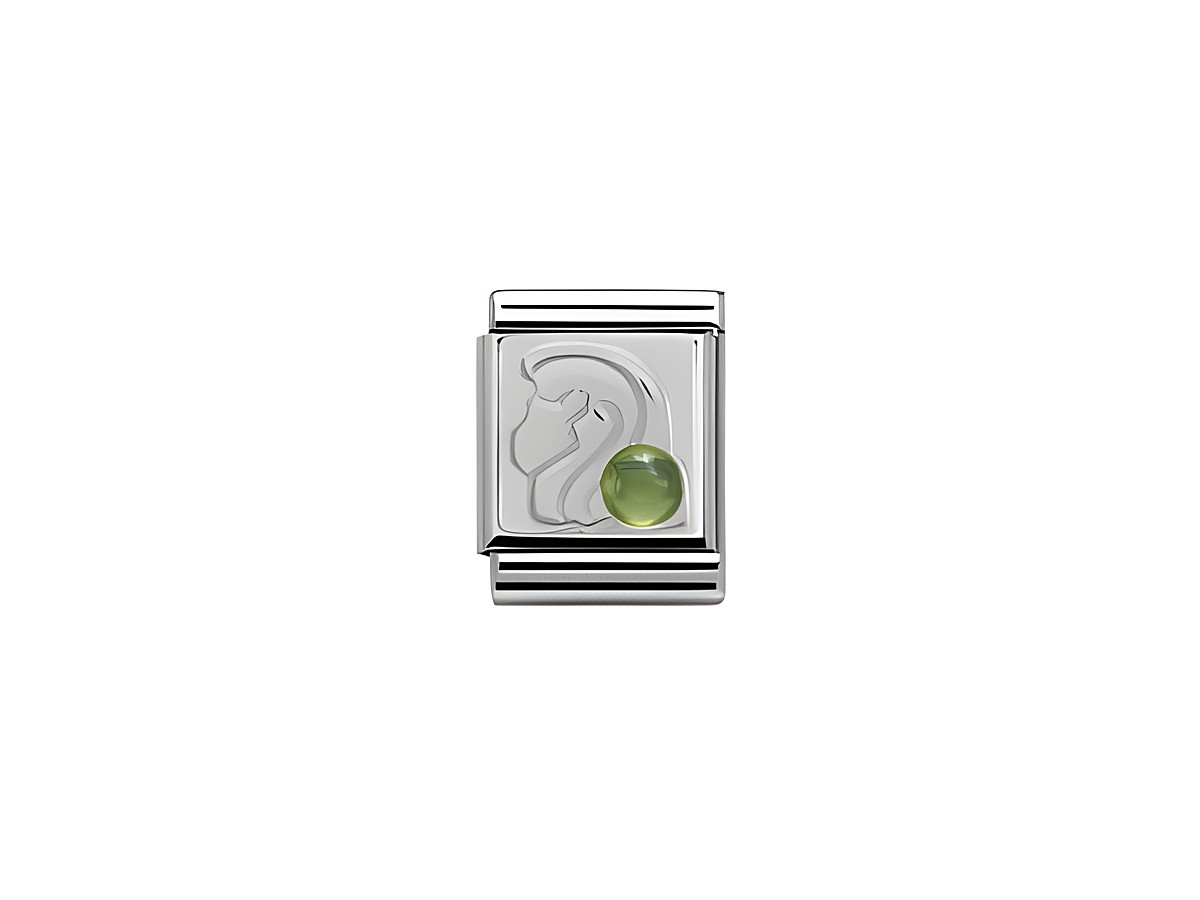 Sternzeichen Löwe Charm aus Sterling Silber von Nomination BIG mit reliefartiger Löwenkopf-Darstellung und grüner Perle auf silberner Basis, Modellnummer 332501 05.