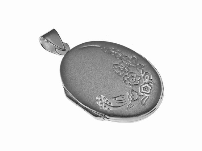 Medaillon aus mattiertem 925 Sterling Silber mit floralen Gravuren, ovaler Form. Hersteller Juwelier Harnisch, elegantes Design für persönliche Erinnerungen.