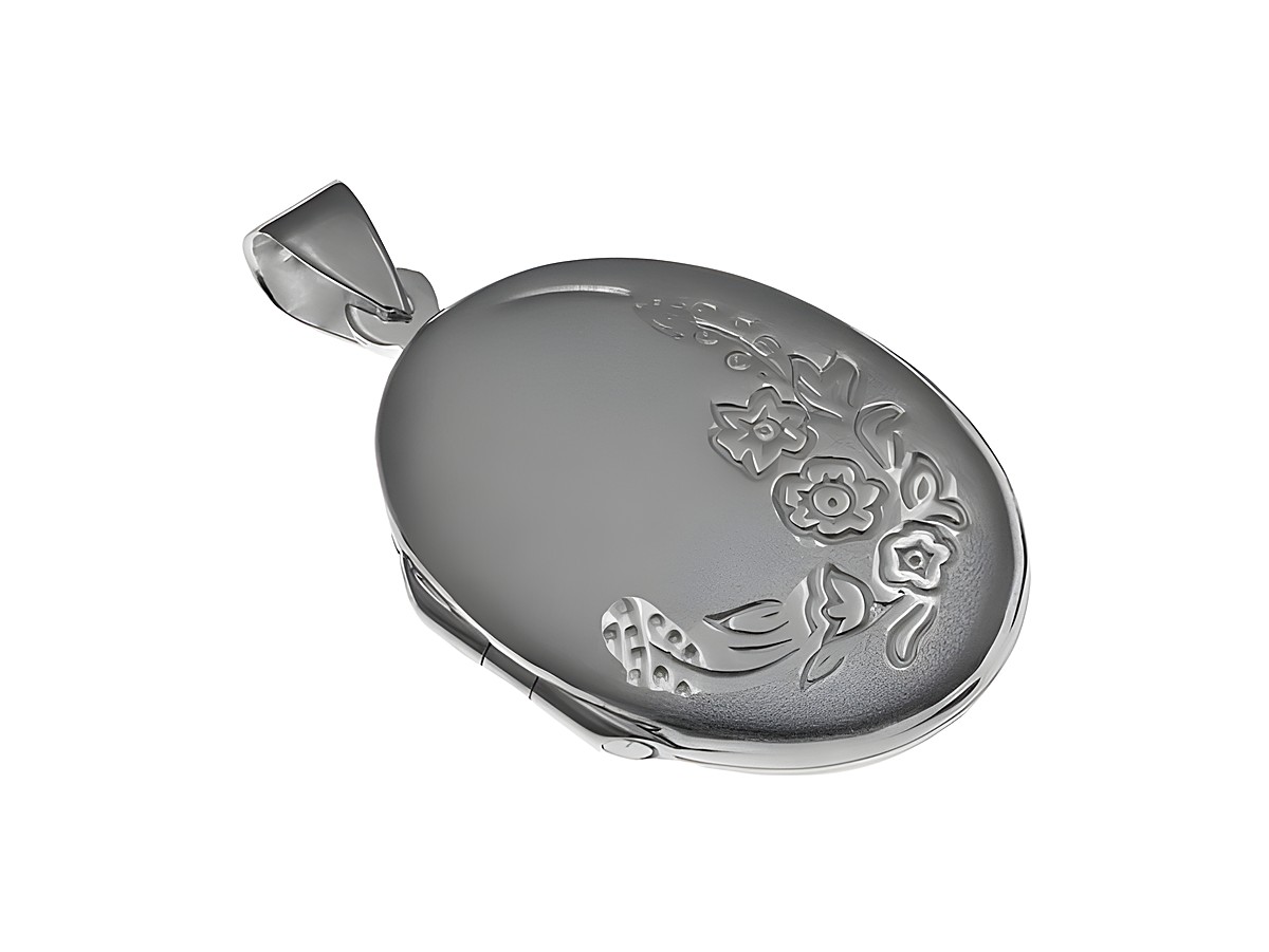 Medaillon aus mattiertem 925 Sterling Silber mit floralen Gravuren, ovaler Form. Hersteller Juwelier Harnisch, elegantes Design für persönliche Erinnerungen.