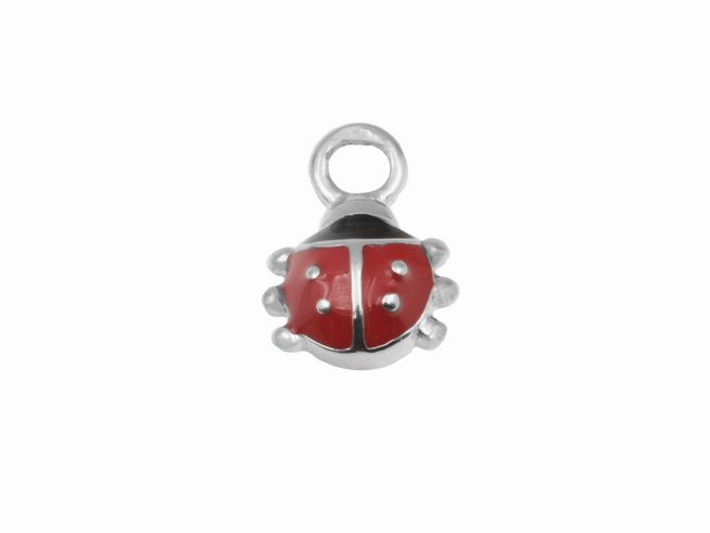 Einhänger für Creolen in Form eines Marienkäfers aus rhodiniertem Sterling Silber, rot-schwarz emailliert mit zwei weißen Punkten, ideal für kreativen Schmuck.