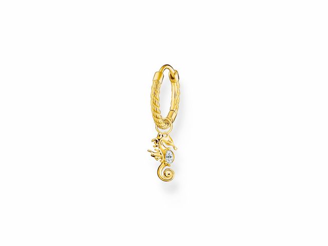 Thomas Sabo Creole aus Sterling Silber, vergoldet in Gelbgold, mit Zirkonia, gestaltet als Ohrschmuck mit einem filigranen Seepferdchen-Anhänger.