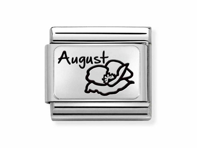 Silberner Edelstahl Charm von Nomination mit der eingravierten Monatsblume August und dem Wort August, symbolisiert Sternzeichen und Monatssteine.