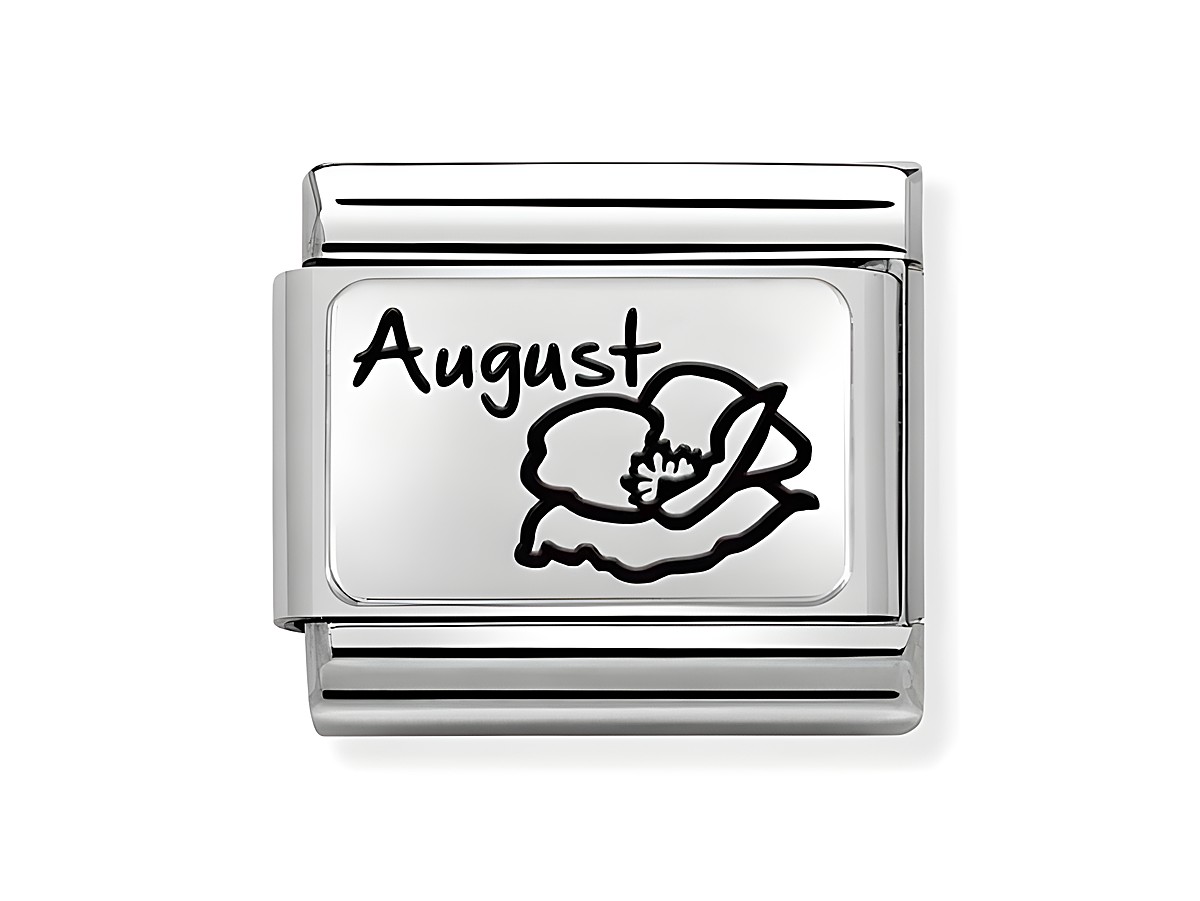 Silberner Edelstahl Charm von Nomination mit der eingravierten Monatsblume August und dem Wort August, symbolisiert Sternzeichen und Monatssteine.
