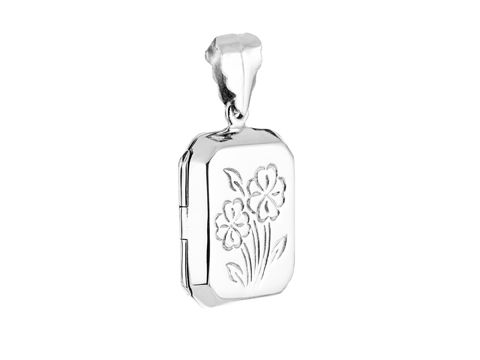 Medaillon in achteckiger Form aus Silber, verziert mit einer blumenähnlichen Gravur, Hersteller Juwelier Harnisch, eignet sich perfekt als elegantes Schmuckstück.