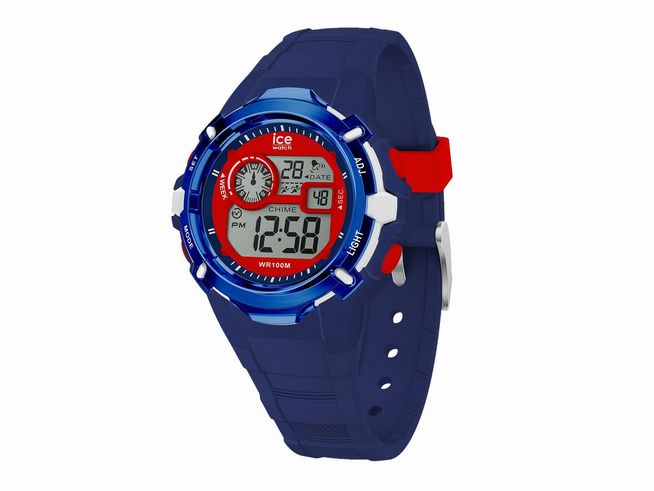 ICE digit explorer Uhr in Blau und Rot, die Ziffernblatt zeigt digitale und analoge Zeit, sowie Temperatur und Datum. Breites Silikonarmband in Blau mit roten Akzenten, wasserdicht bis 100 Meter.