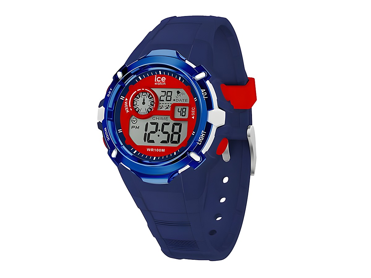 ICE digit explorer Uhr in Blau und Rot, die Ziffernblatt zeigt digitale und analoge Zeit, sowie Temperatur und Datum. Breites Silikonarmband in Blau mit roten Akzenten, wasserdicht bis 100 Meter.