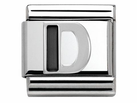 Der klassische Nomination Classic SilverShine Buchstabe D besteht aus glänzendem Metall und schwarzer Emaille, ideal für individuelle Schmuckdesigns.