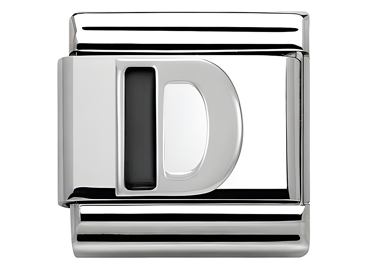 Der klassische Nomination Classic SilverShine Buchstabe D besteht aus glänzendem Metall und schwarzer Emaille, ideal für individuelle Schmuckdesigns.