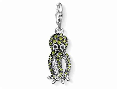 Oktopus Charm von Thomas Sabo aus Sterling Silber mit Zirkonia in Grün, detailreich gestaltet mit zwei großen Augen und flexiblen Tentakeln, ideal für modische Akzente.