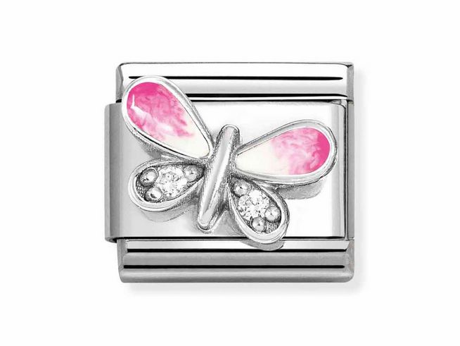 Schmetterling aus Silber mit rosa und weißen Emaille-Details sowie Zirkonia-Verzierungen, perfekt für eine charmante Ergänzung im Schmuckbereich von Nomination.