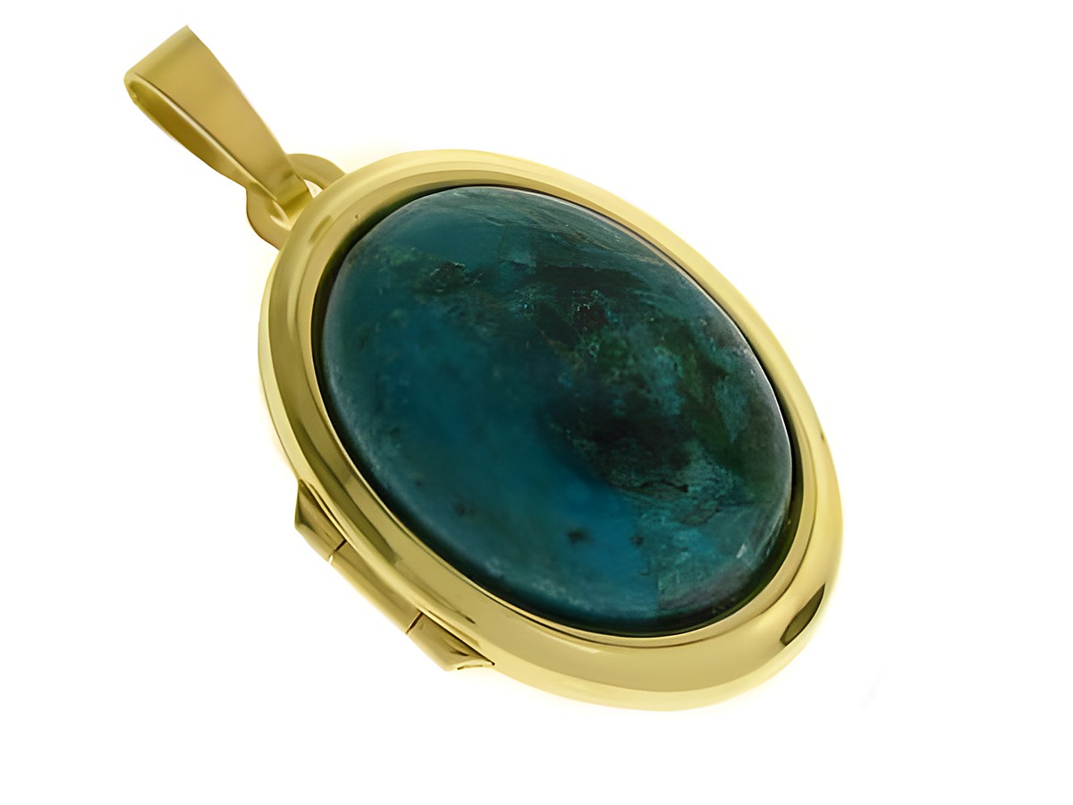 Chrysokoll Medaillon aus Gold 333 mit ovalem Cabochon in lebendigem Blaugrün, hergestellt von Juwelier Harnisch, elegantes Schmuckstück für besondere Anlässe.