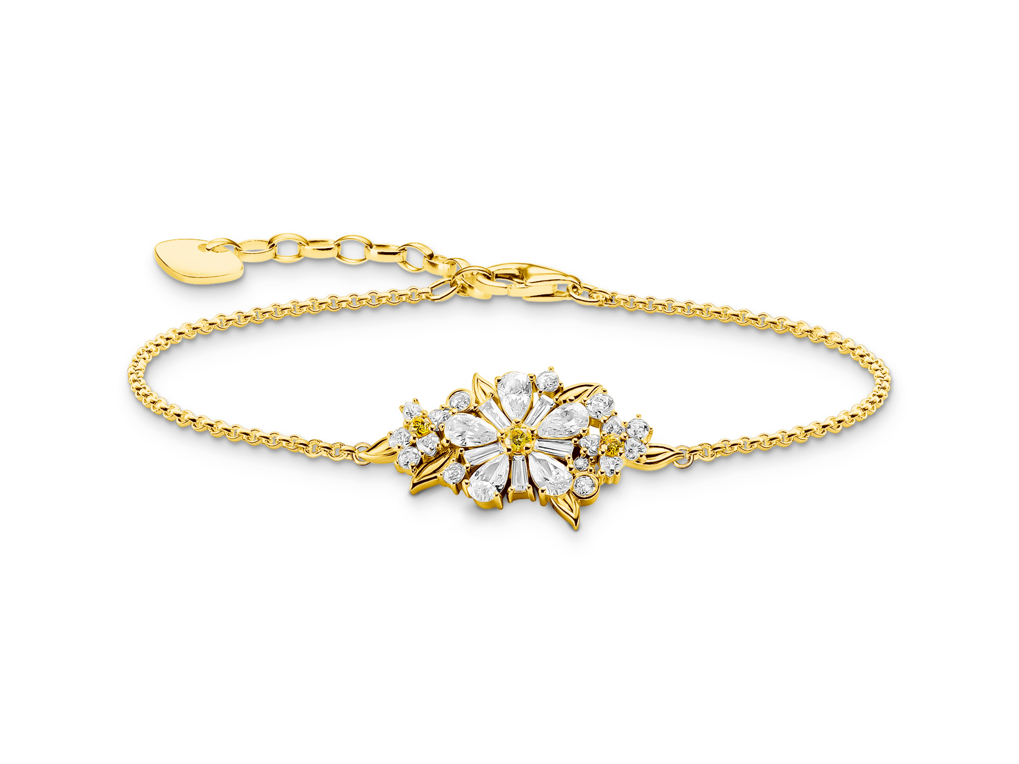 Silber vergoldetes Thomas Sabo Armband A2201-414-4-L19v mit gelber Blume und funkelnden Steinen, ideal für elegante Anlässe, einstellbare Länge von 16 bis 19 cm.