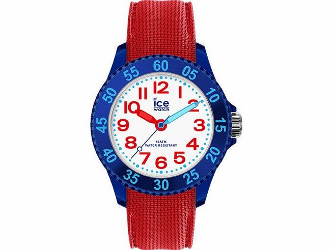 Bunte Ice Watch mit blauem Gehäuse und rotem Textilarmband, weißem Zifferblatt, großen roten Ziffern und blauen Zeigern, Wasser resistent bis 50 Meter.