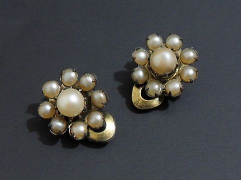 Strass Ohrclip grazil in Champagner-Mix und goldfarben, gefertigt vom Juwelier Harnisch, mit einer eleganten Blumendesign und ansprechenden Perlenakzenten.