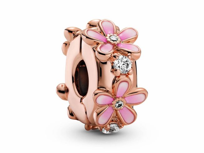 Pandora Rosé Clip Stopper 788809C01 mit blühenden roséfarbenen Blumen aus Emaille, Zirkonia und einem Silikongriff, gefertigt aus hochwertigem Pandora ROSE Material.